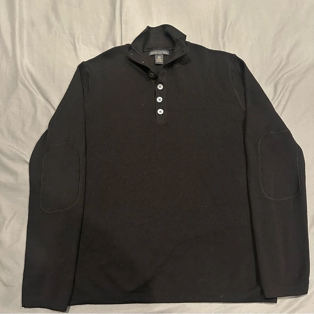 Banana Republic‎ Henley Sweater Mens L Black 100% Extra Fine Italian Merino Wool